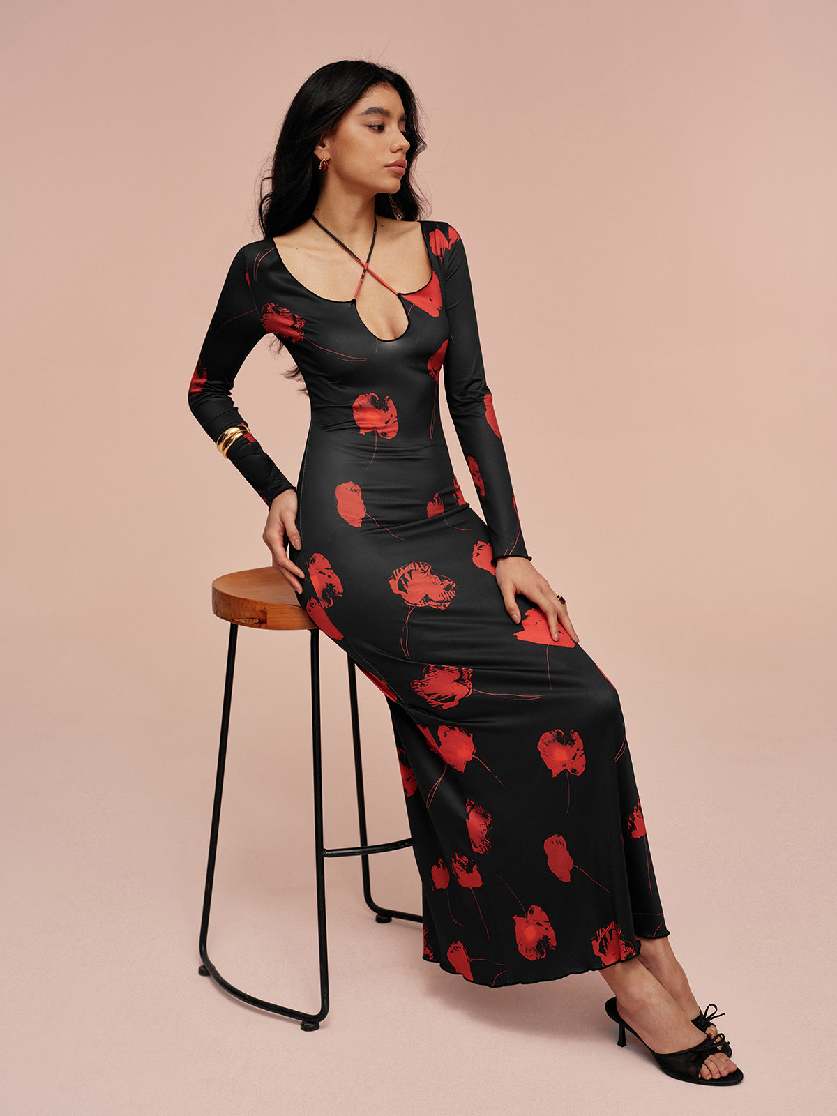 Tie Neck Printed Floral Dress-Massicos