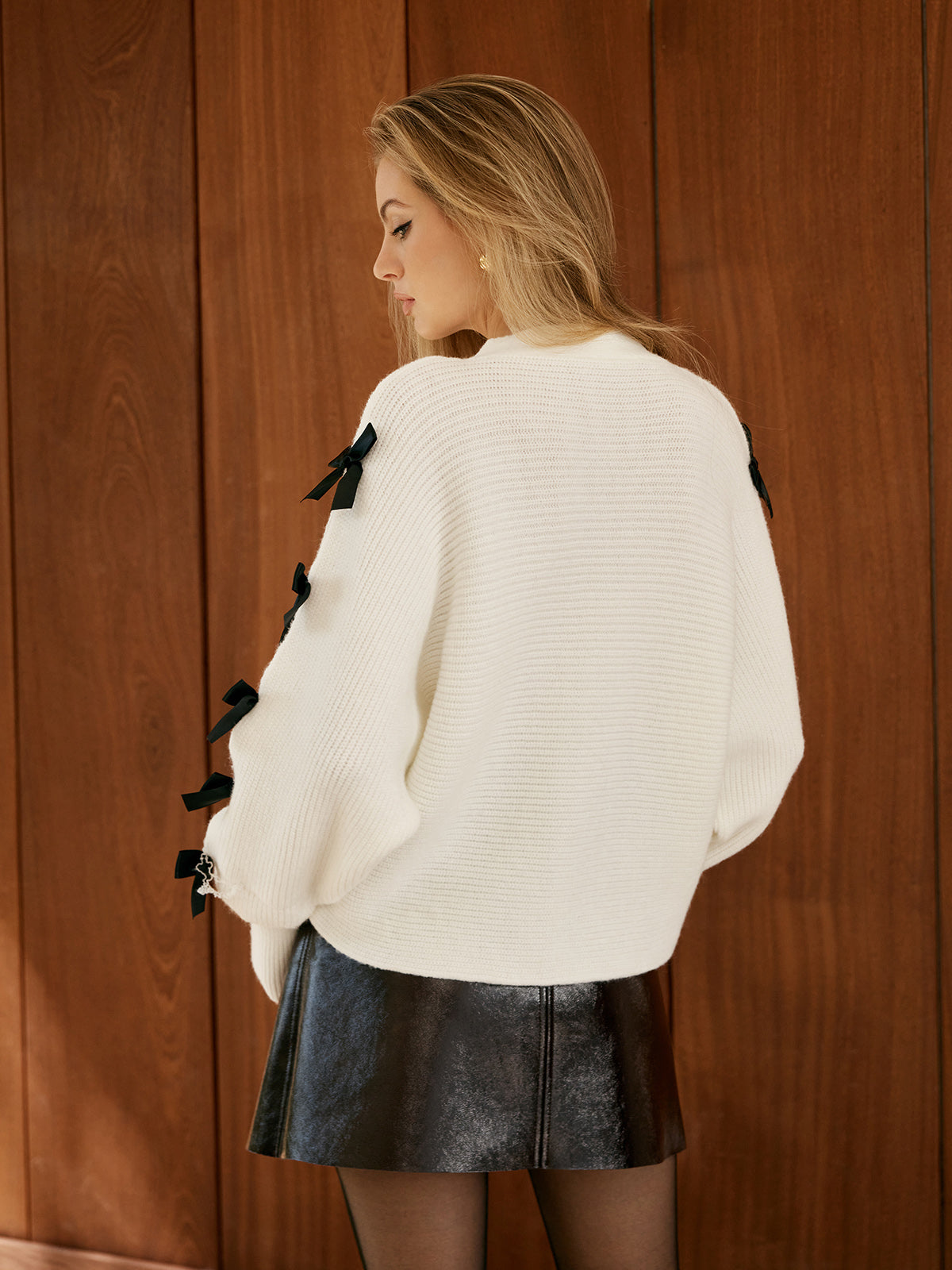 V-Neck Bow-Decor Short Cardigan-Massicos