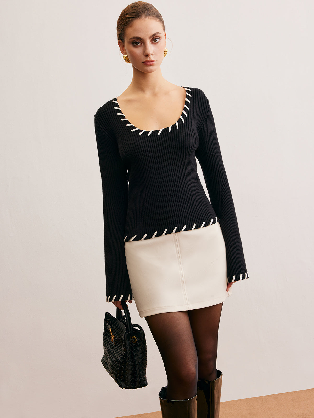Bell-Sleeve Contrast Trim Knit Top-Massicos