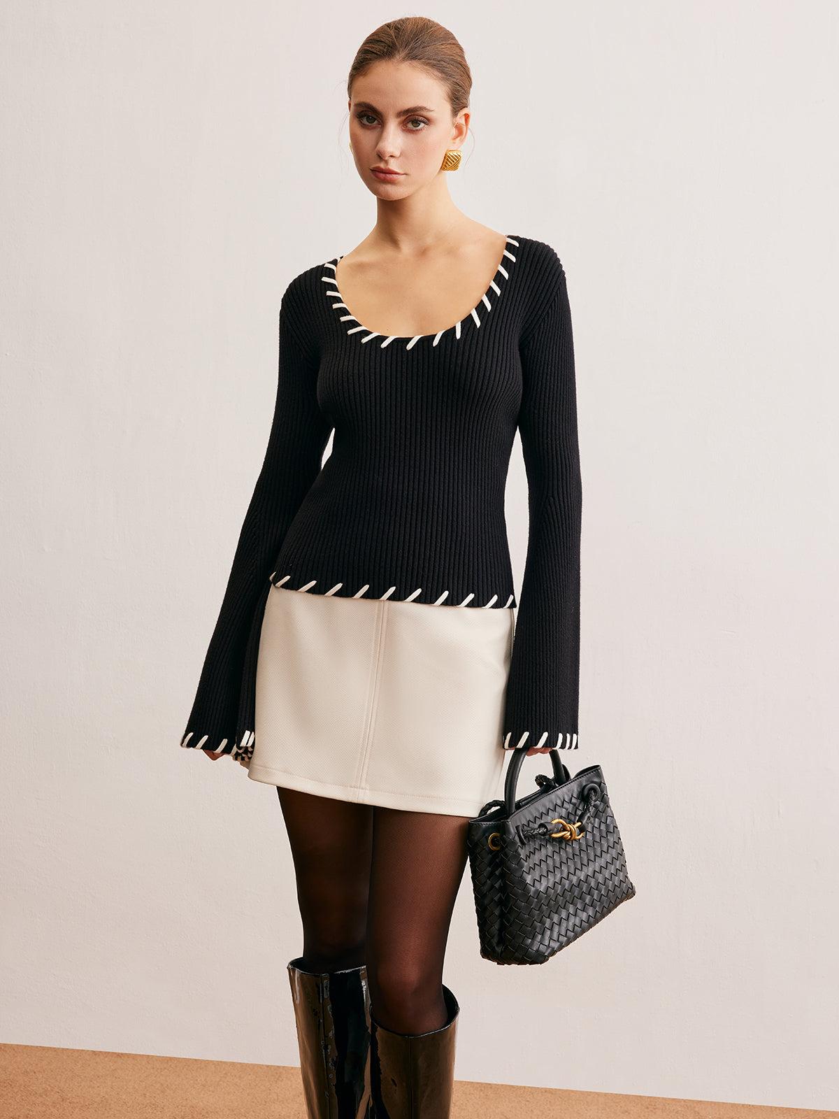 Bell-Sleeve Contrast Trim Knit Top-Massicos
