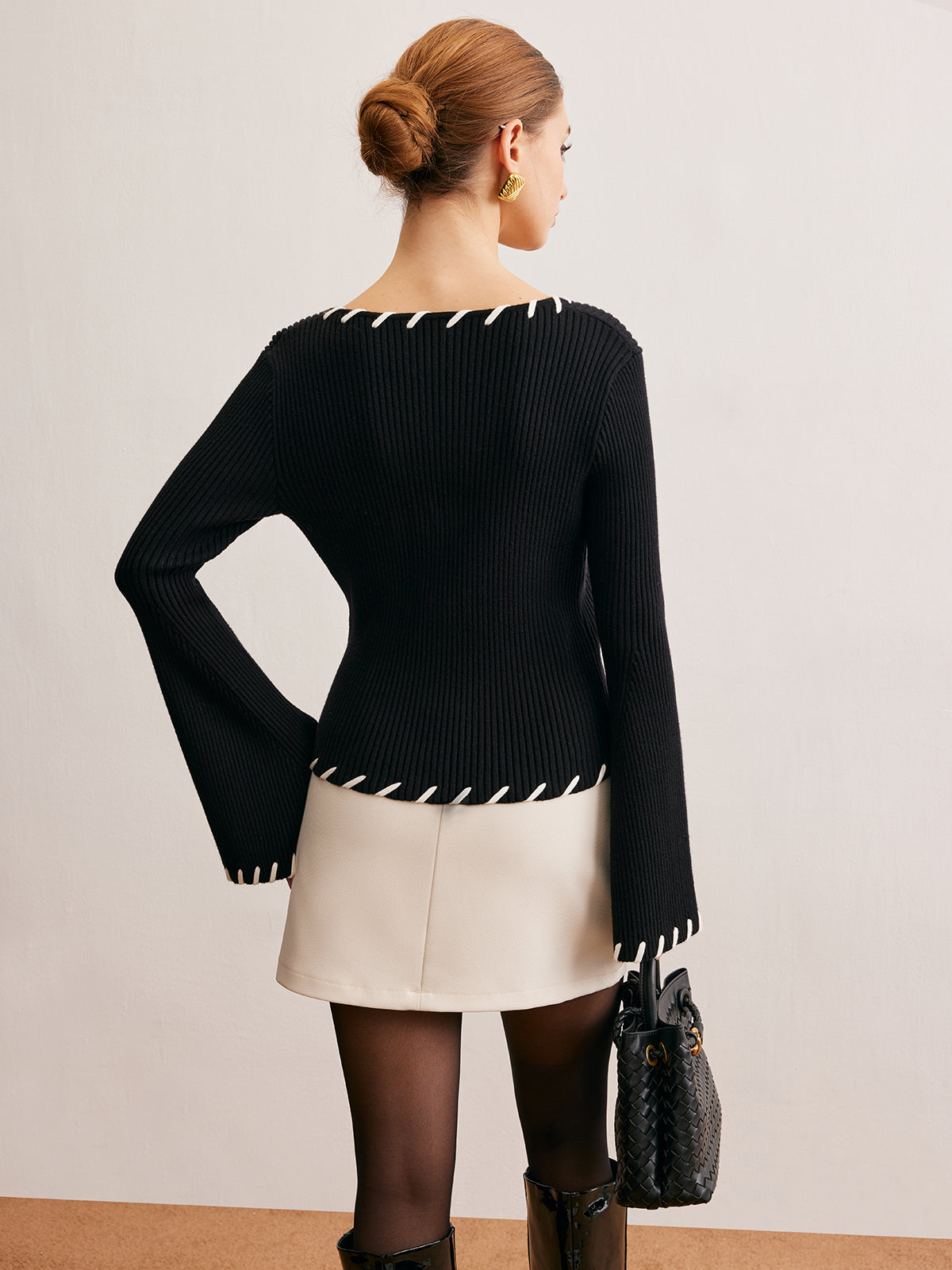Bell-Sleeve Contrast Trim Knit Top-Massicos