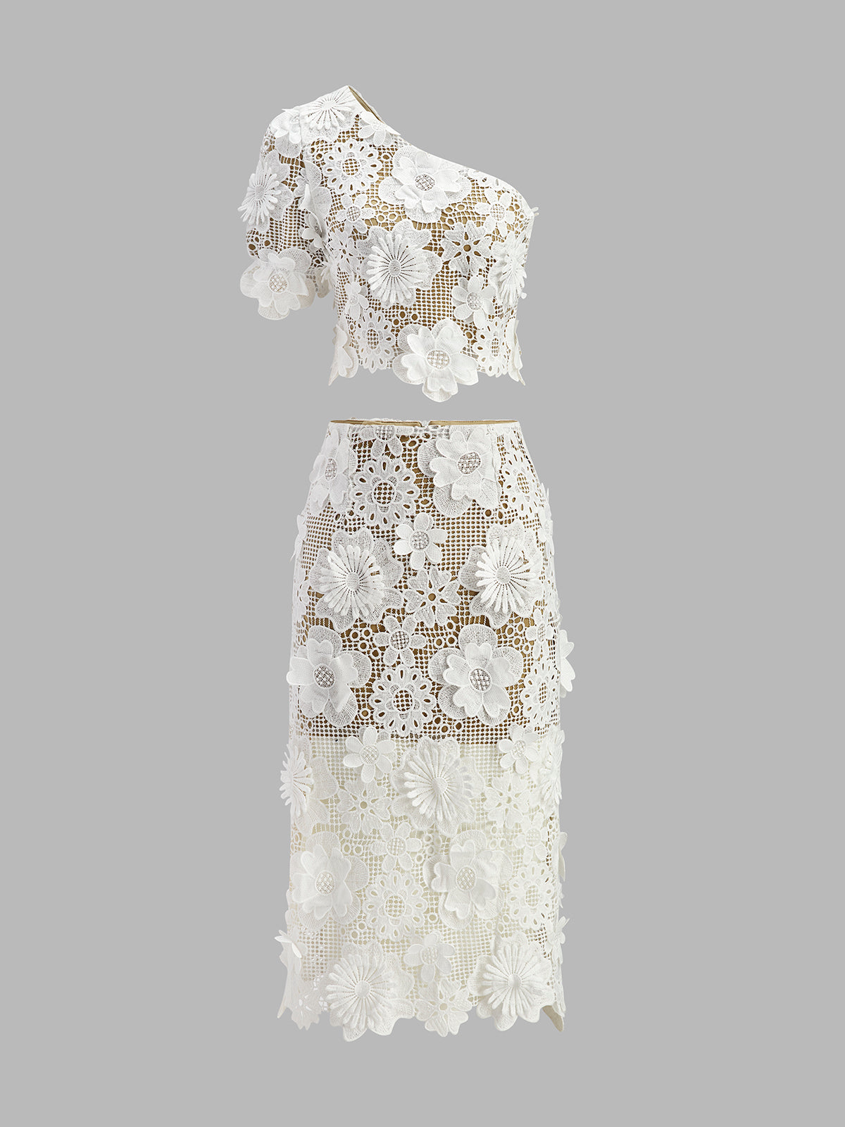 Asymmetrical Floral Lace Top Skirt Set-Massicos