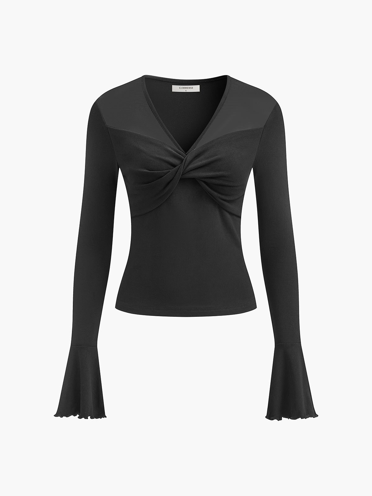Semi-Sheer V-Neck Mesh Panel Top-Massicos