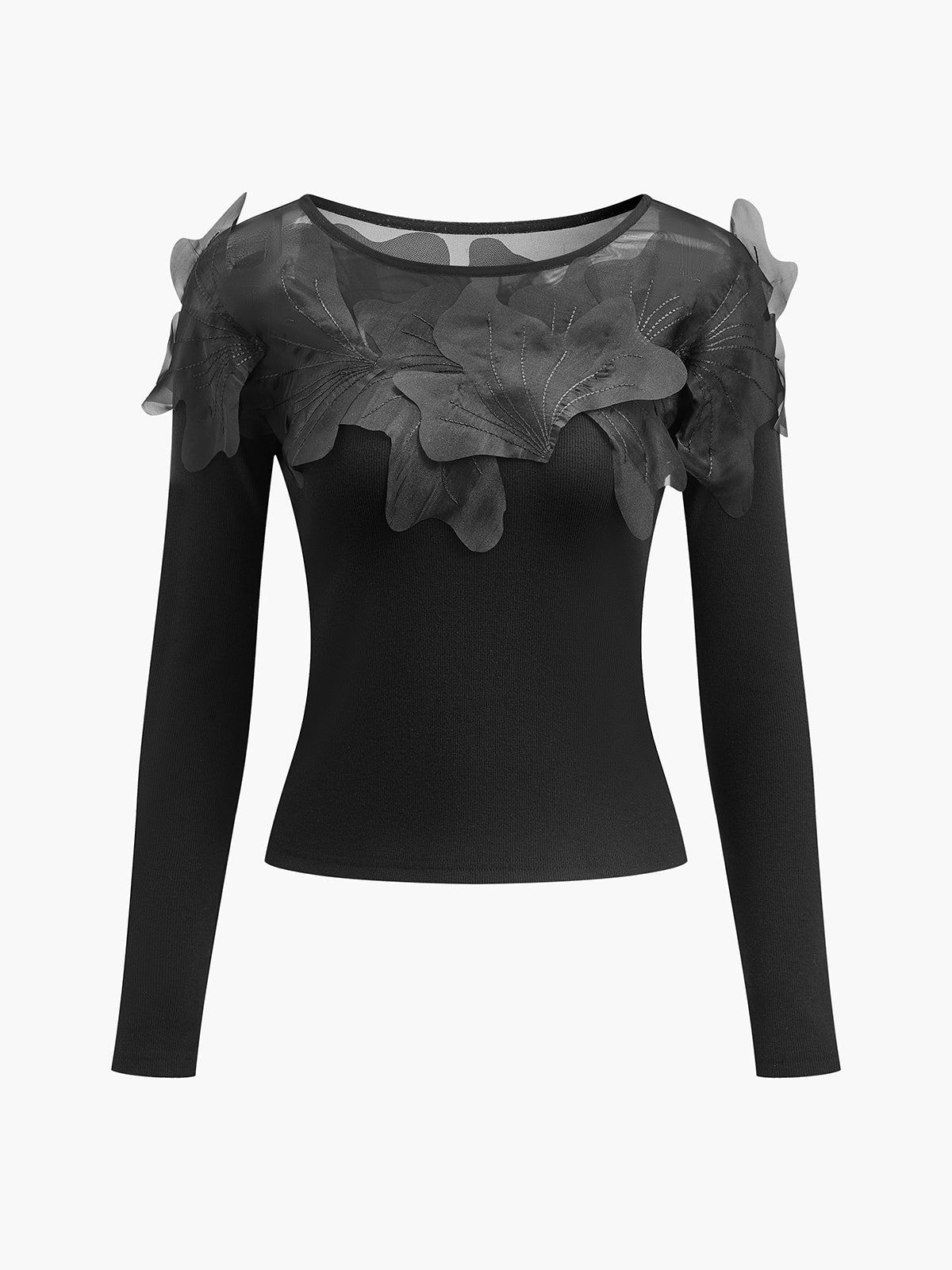 Semi-Sheer Floral Decor Slim Blouse-Massicos