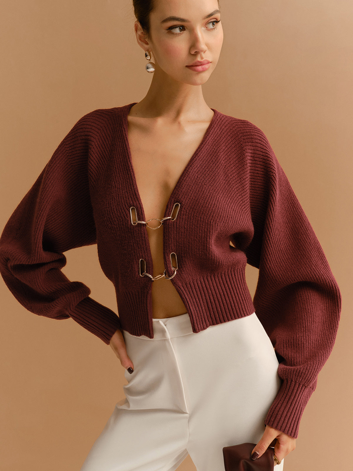 Leg-Of-Mutton Sleeve Metal-Detail Short Cardigan-Massicos