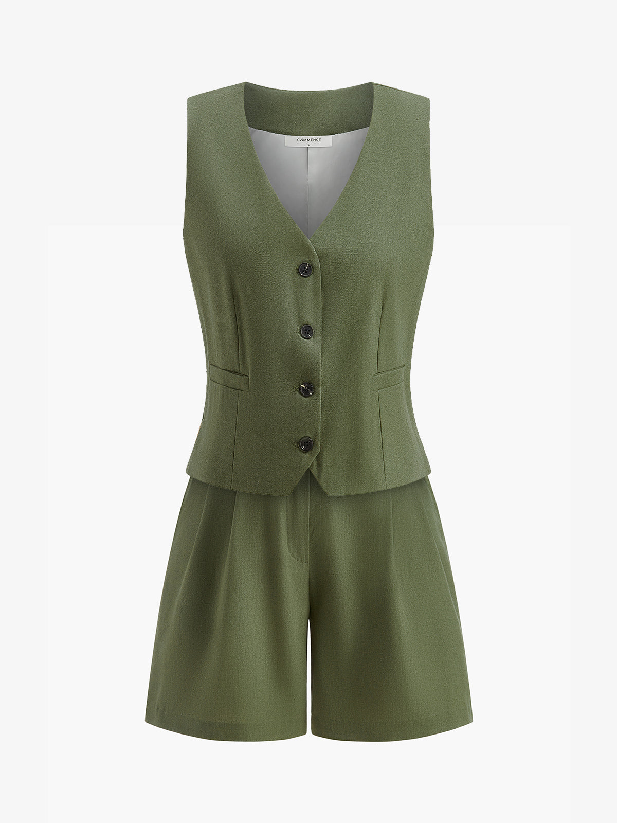 V-Neck Buttoned Shorts Set With Belt-Massicos