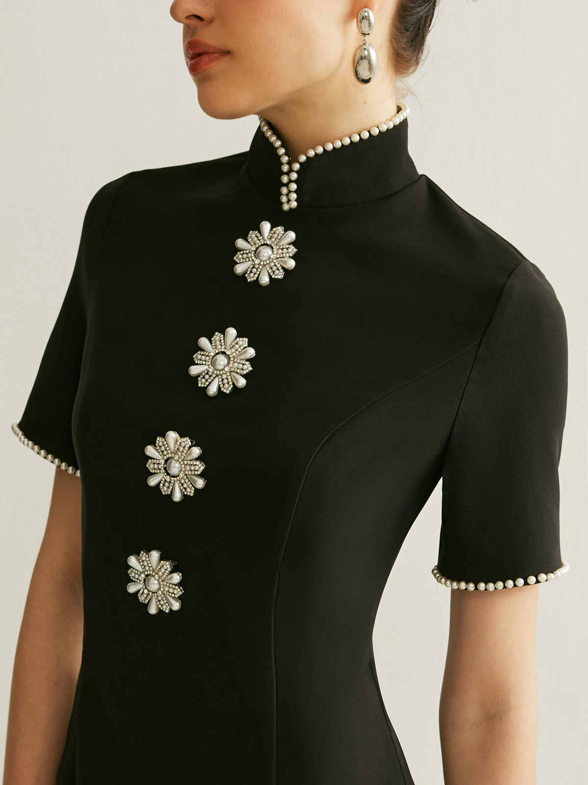 Stand Collar Pearl Trim Dress-Massicos