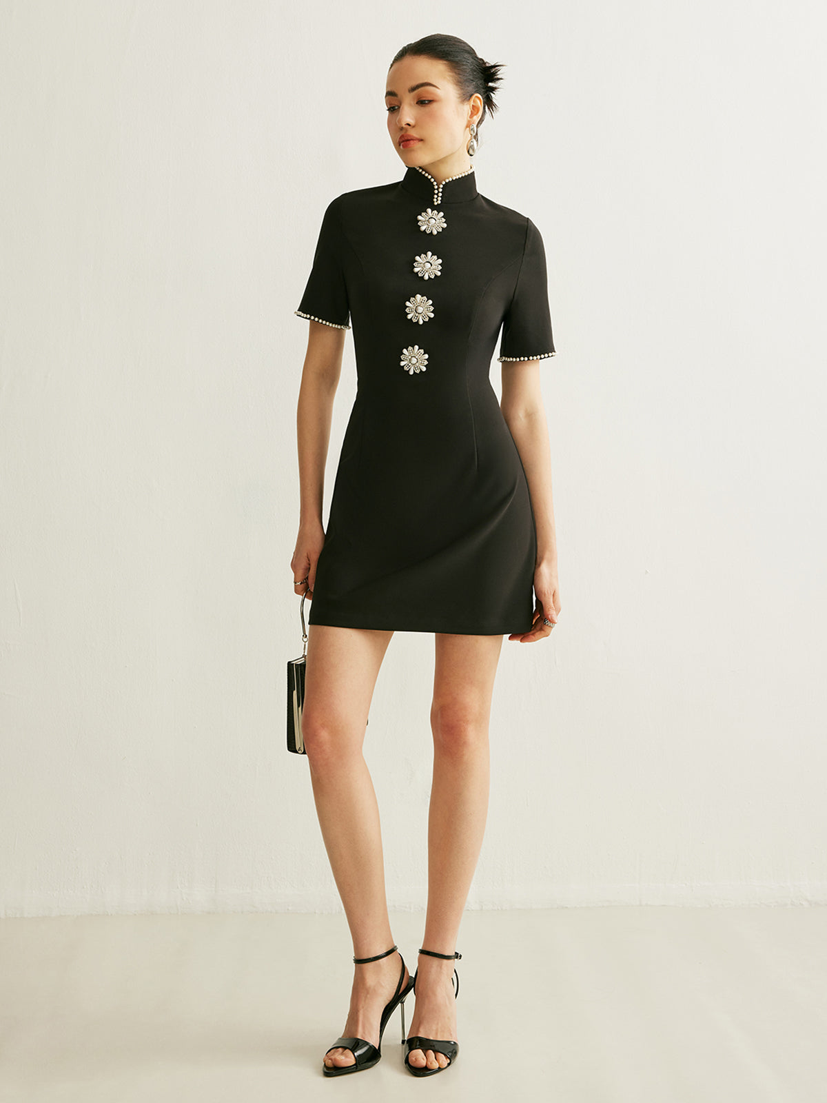 Stand Collar Pearl Trim Dress-Massicos