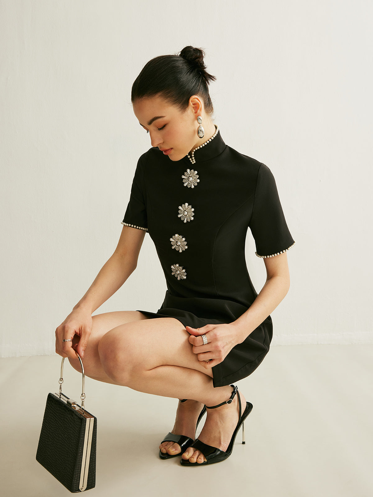 Stand Collar Pearl Trim Dress-Massicos