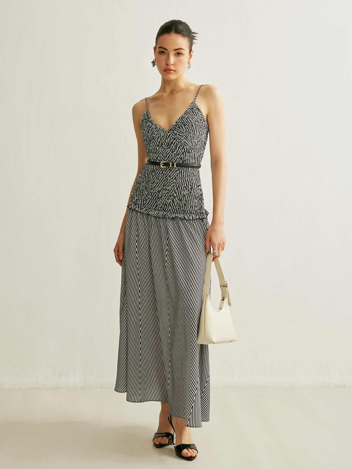 Shirred V-Neck Sleeveless Pleated Dress-Massicos