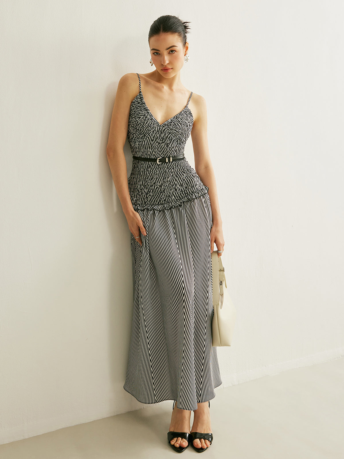 Shirred V-Neck Sleeveless Pleated Dress-Massicos