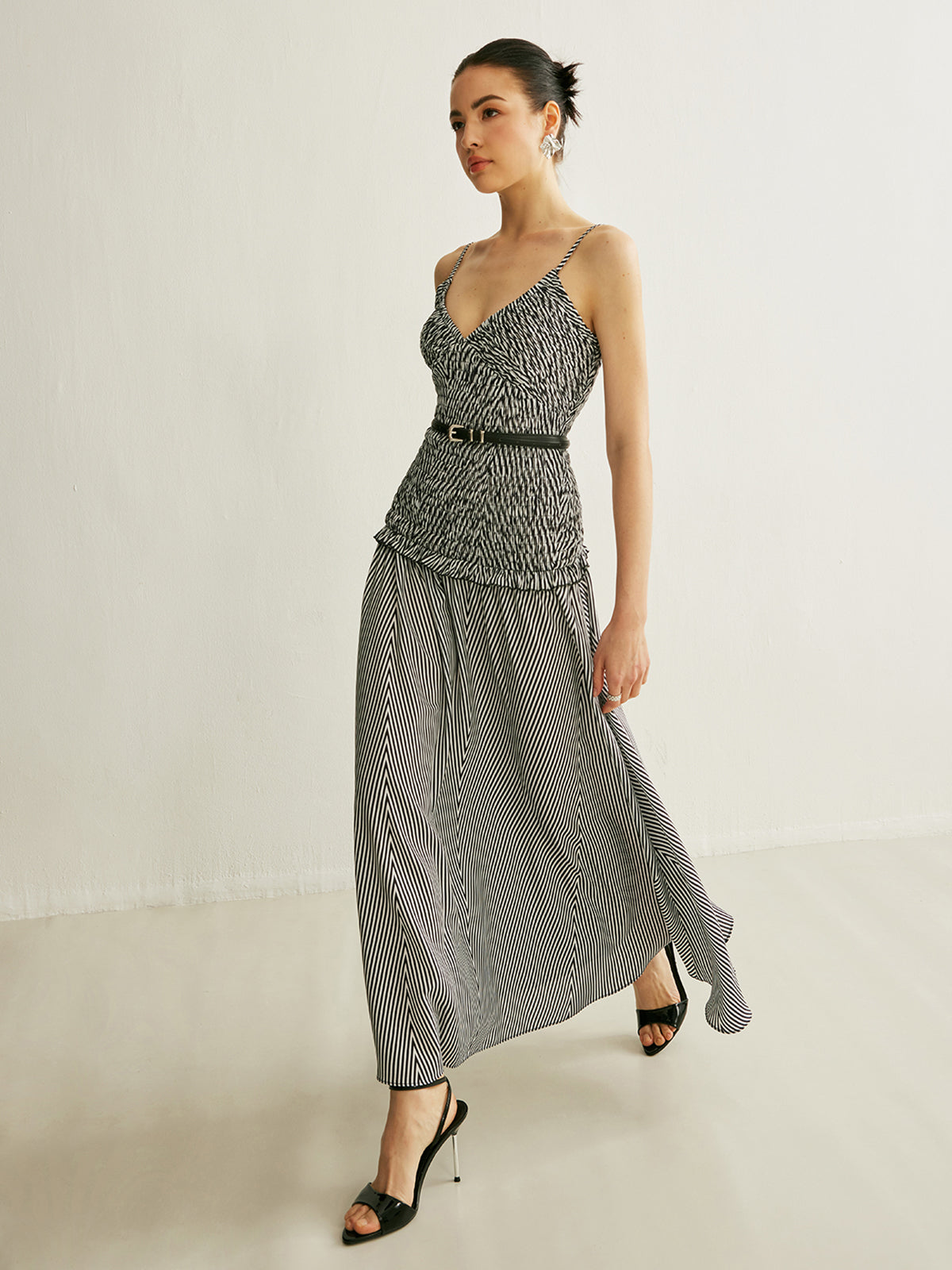 Shirred V-Neck Sleeveless Pleated Dress-Massicos
