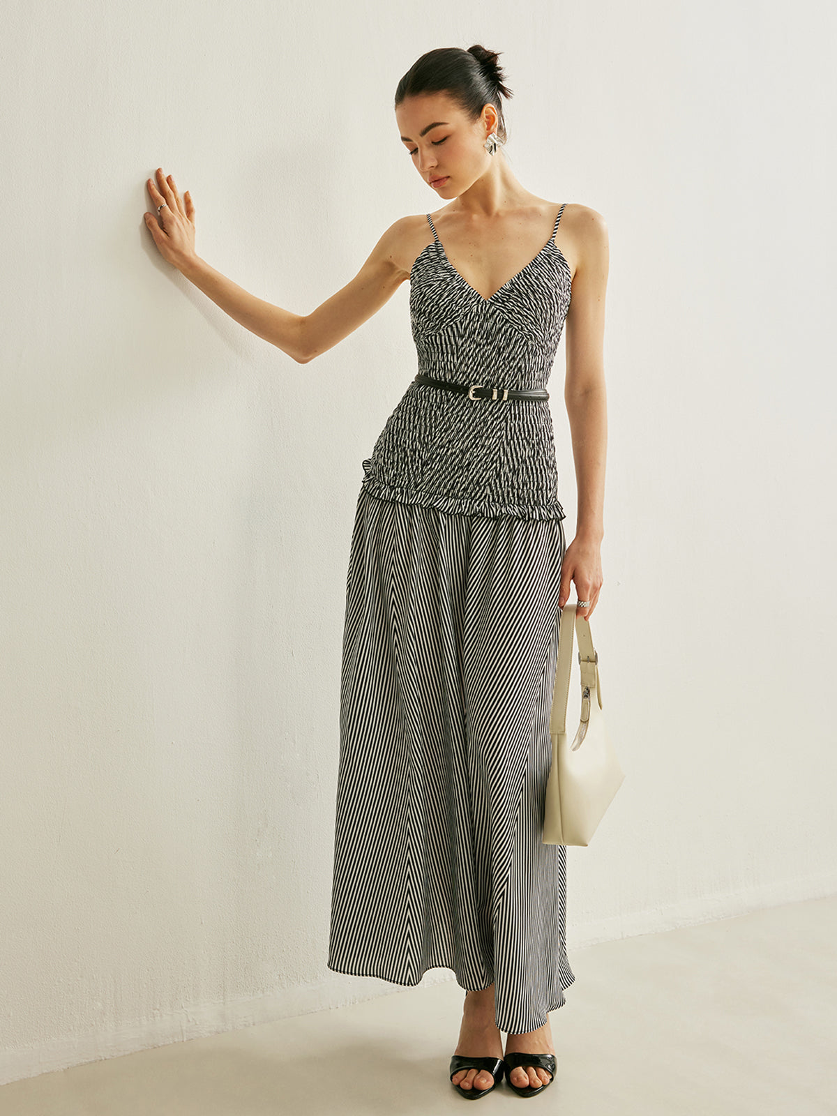 Shirred V-Neck Sleeveless Pleated Dress-Massicos