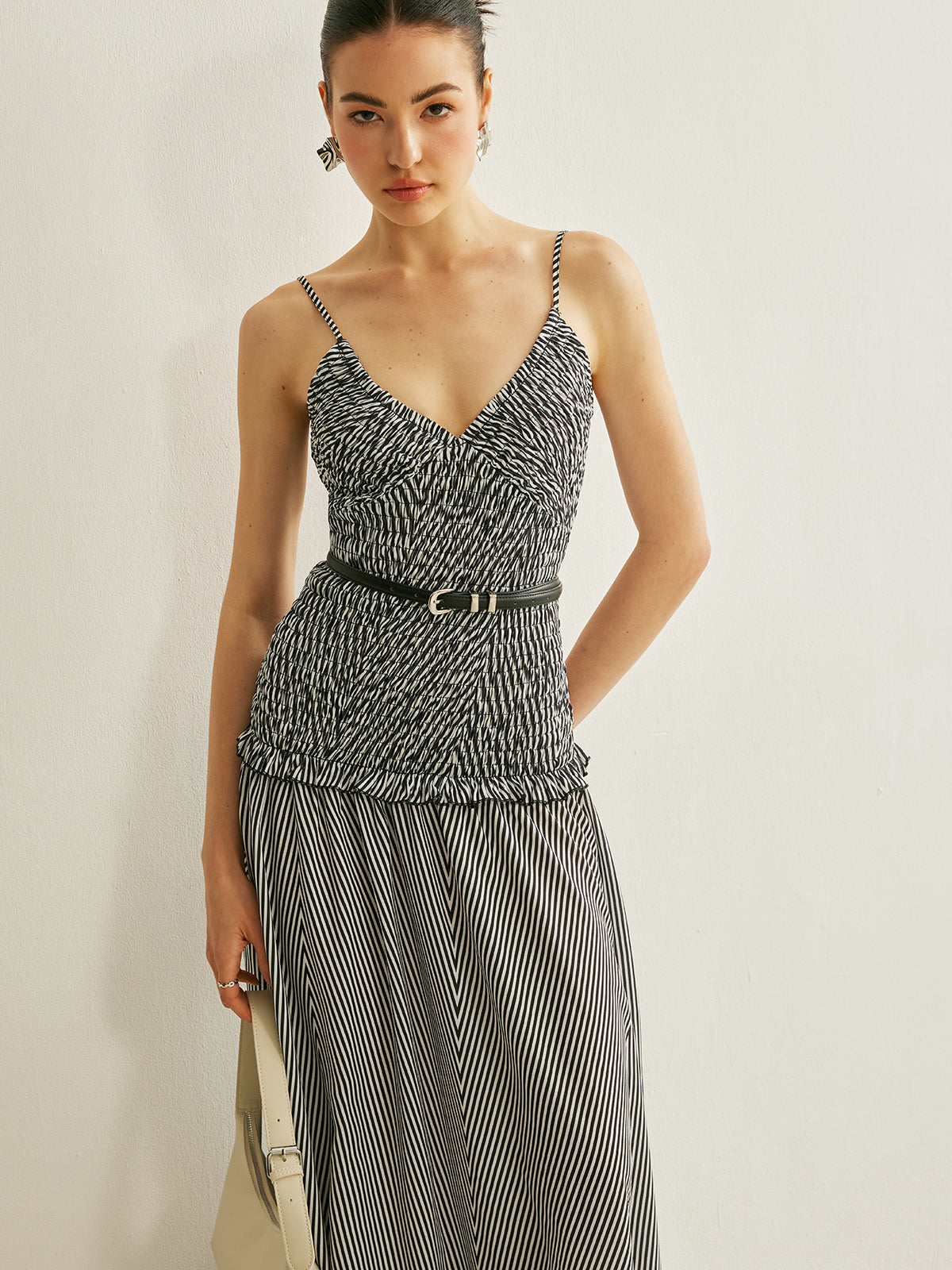 Shirred V-Neck Sleeveless Pleated Dress-Massicos