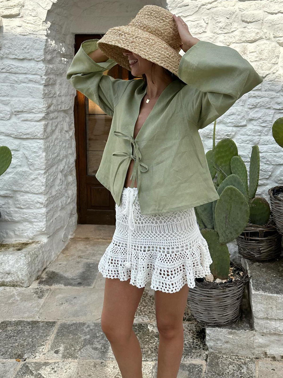Oversized Long Tie-Front Sleeve Blouse-Massicos