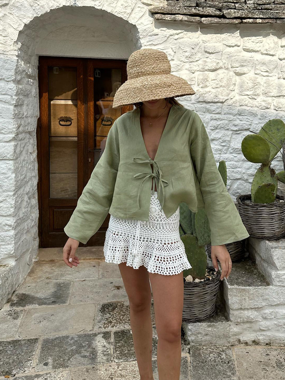 Oversized Long Tie-Front Sleeve Blouse-Massicos