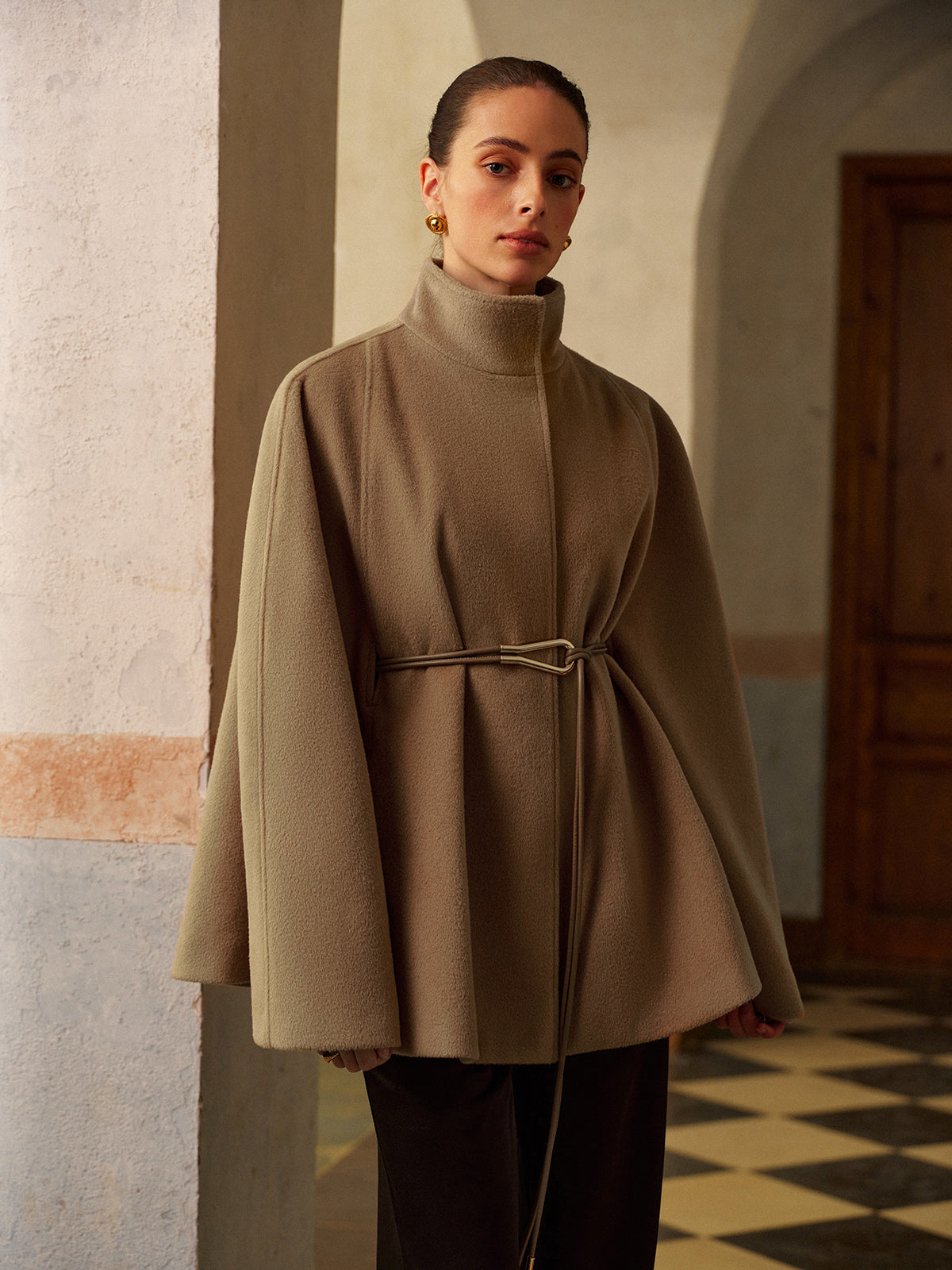 Stand Collar Lariat-Belted Warm Cloak-Massicos