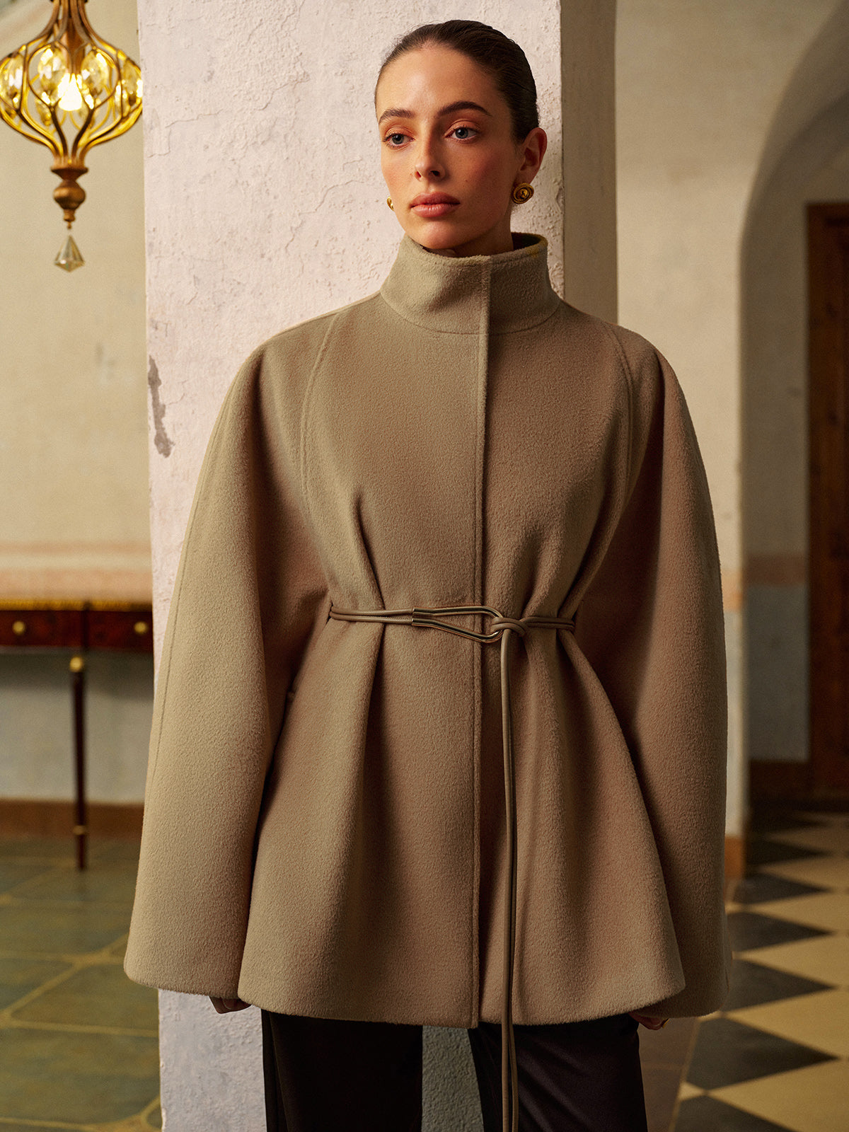 Stand Collar Lariat-Belted Warm Cloak-Massicos