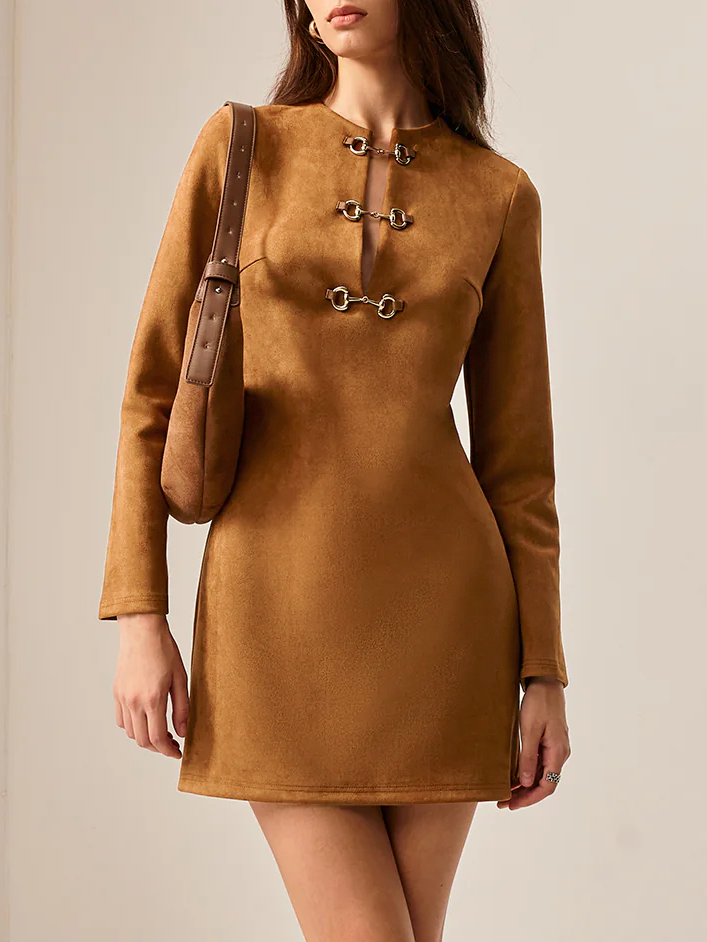 Suede Metal-Detail Short Dress-Massicos