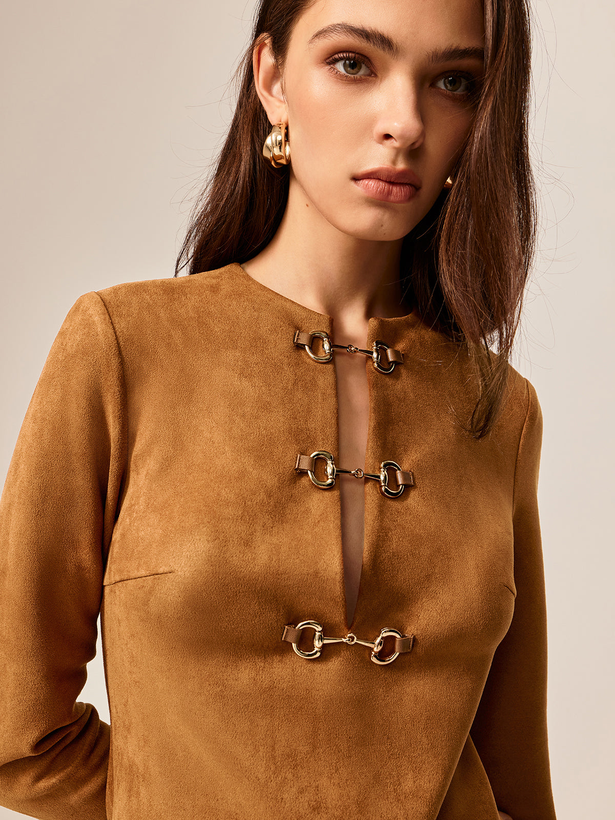 Suede Metal-Detail Short Dress-Massicos
