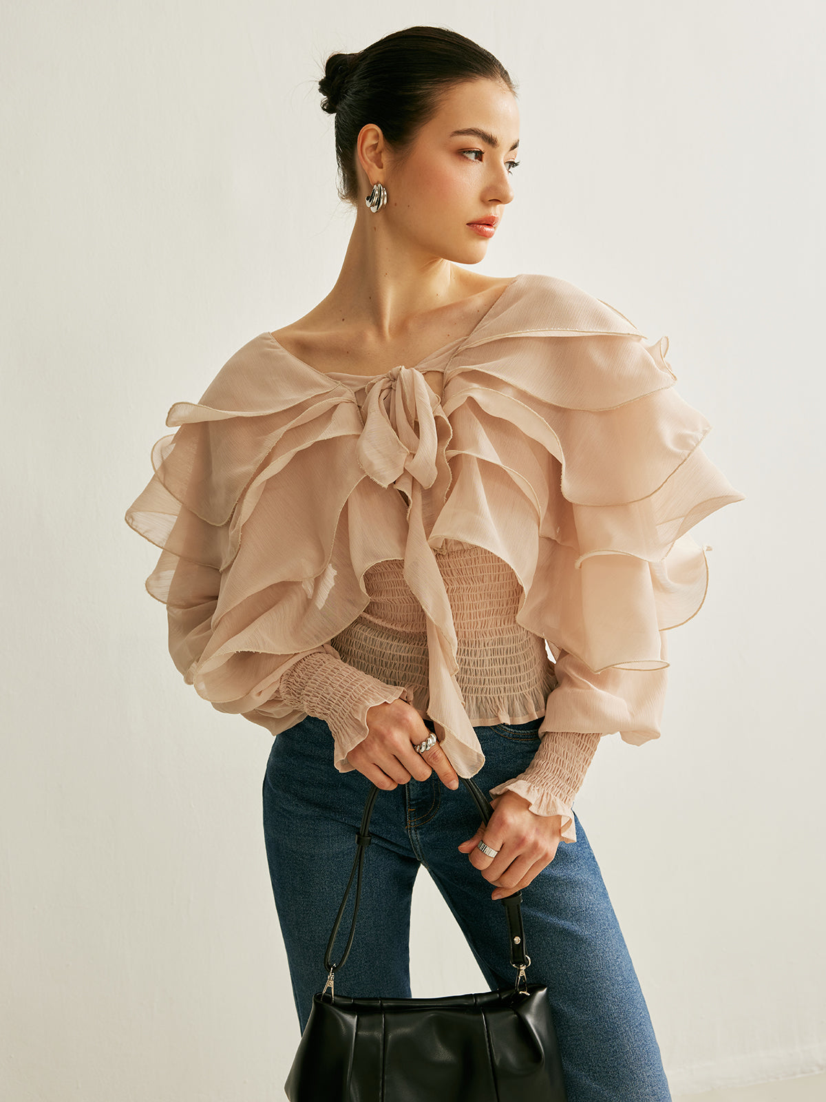Semi-Sheer Chiffon Ruffle Backless Top-Massicos