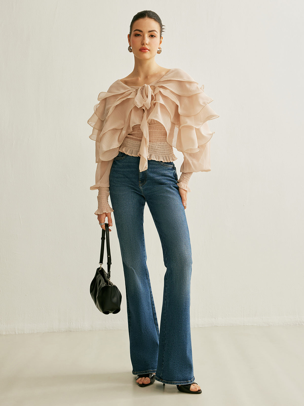 Semi-Sheer Chiffon Ruffle Backless Top-Massicos