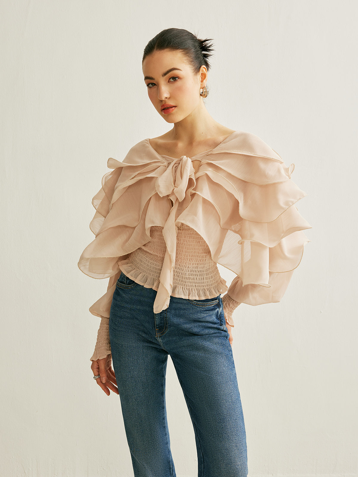 Semi-Sheer Chiffon Ruffle Backless Top-Massicos