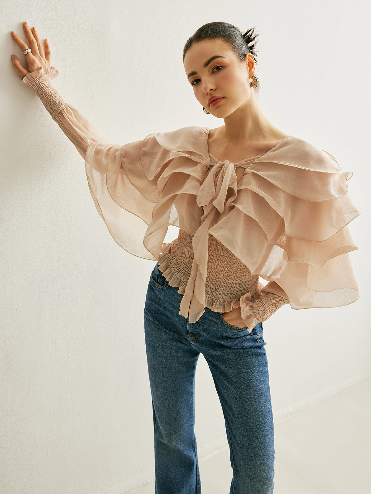 Semi-Sheer Chiffon Ruffle Backless Top-Massicos