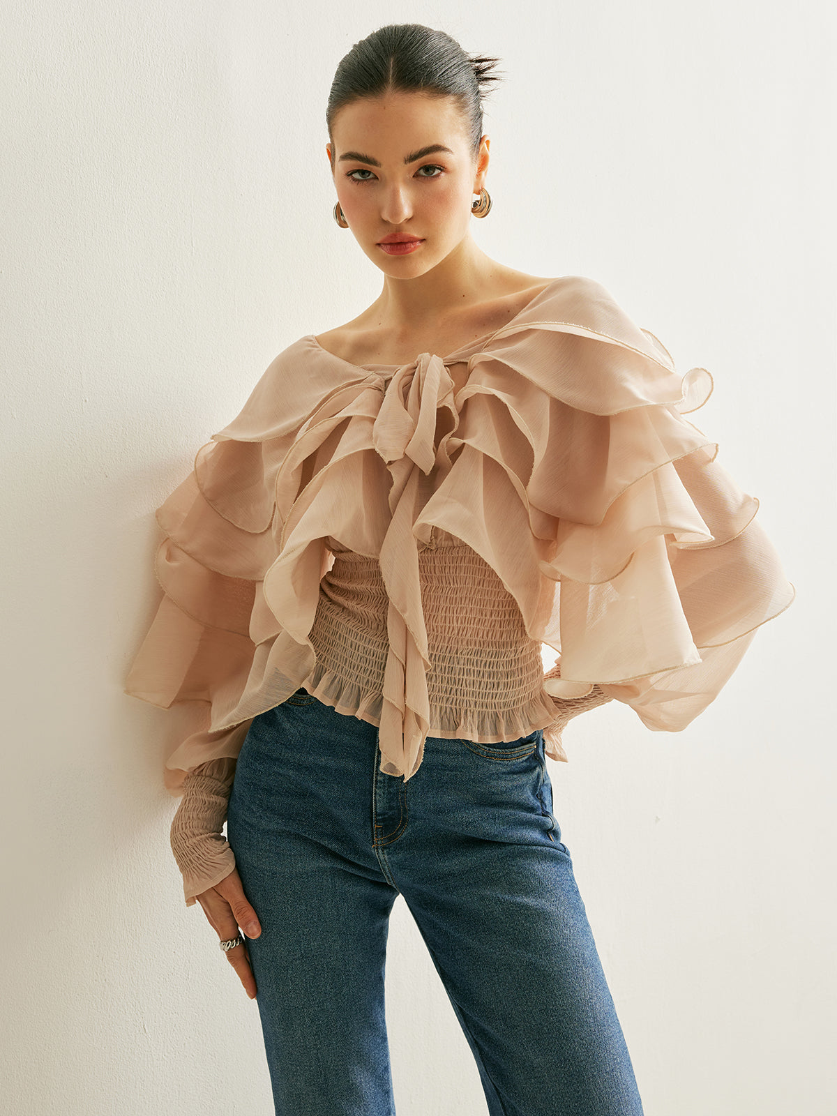 Semi-Sheer Chiffon Ruffle Backless Top-Massicos