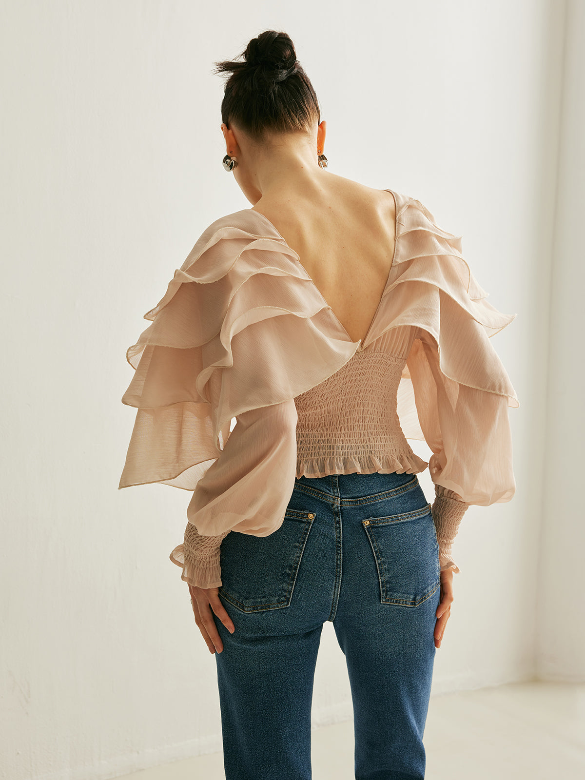 Semi-Sheer Chiffon Ruffle Backless Top-Massicos