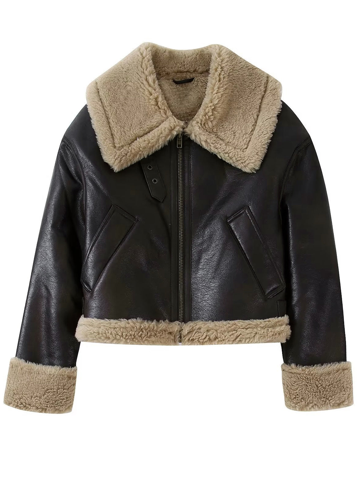 Teddy Faux Leather Zipper Jacket-Massicos