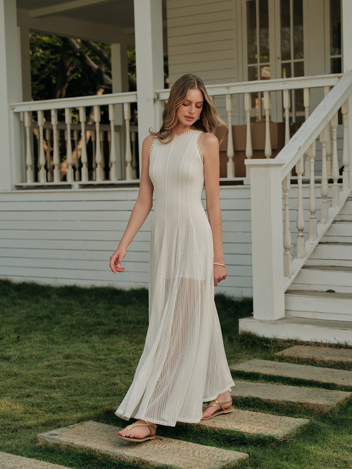 Semi-Sheer Lace Sleeveless Dress-Massicos