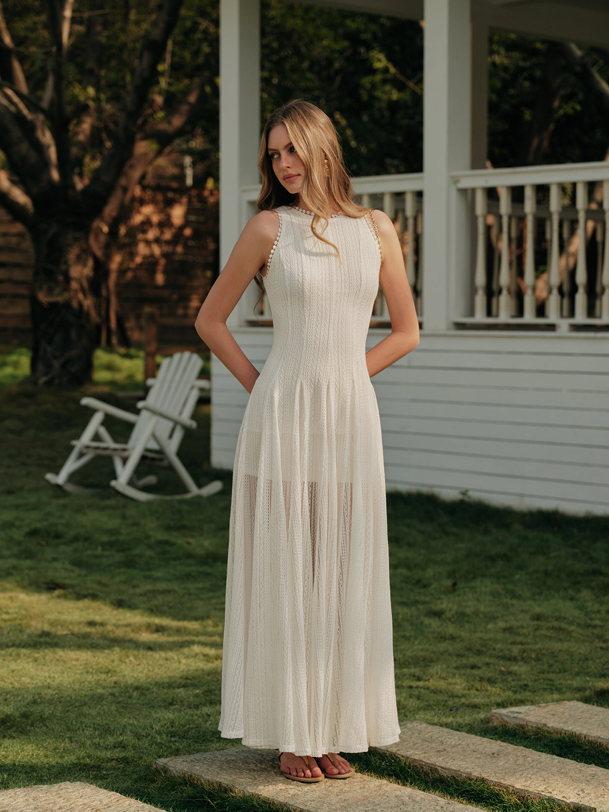 Semi-Sheer Lace Sleeveless Dress-Massicos