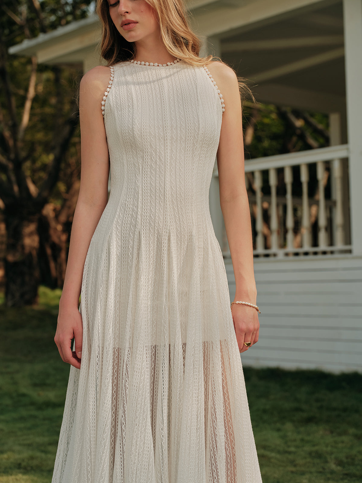 Semi-Sheer Lace Sleeveless Dress-Massicos