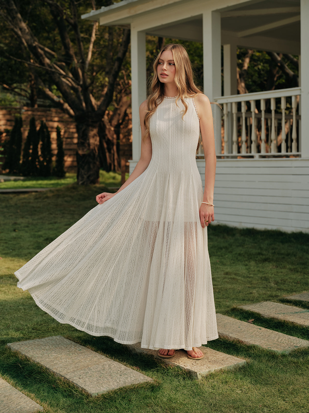 Semi-Sheer Lace Sleeveless Dress-Massicos