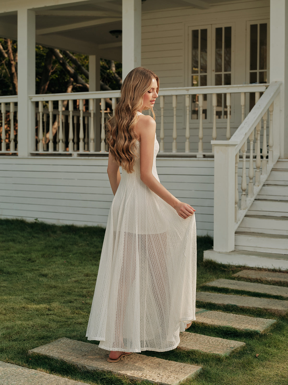 Semi-Sheer Lace Sleeveless Dress-Massicos