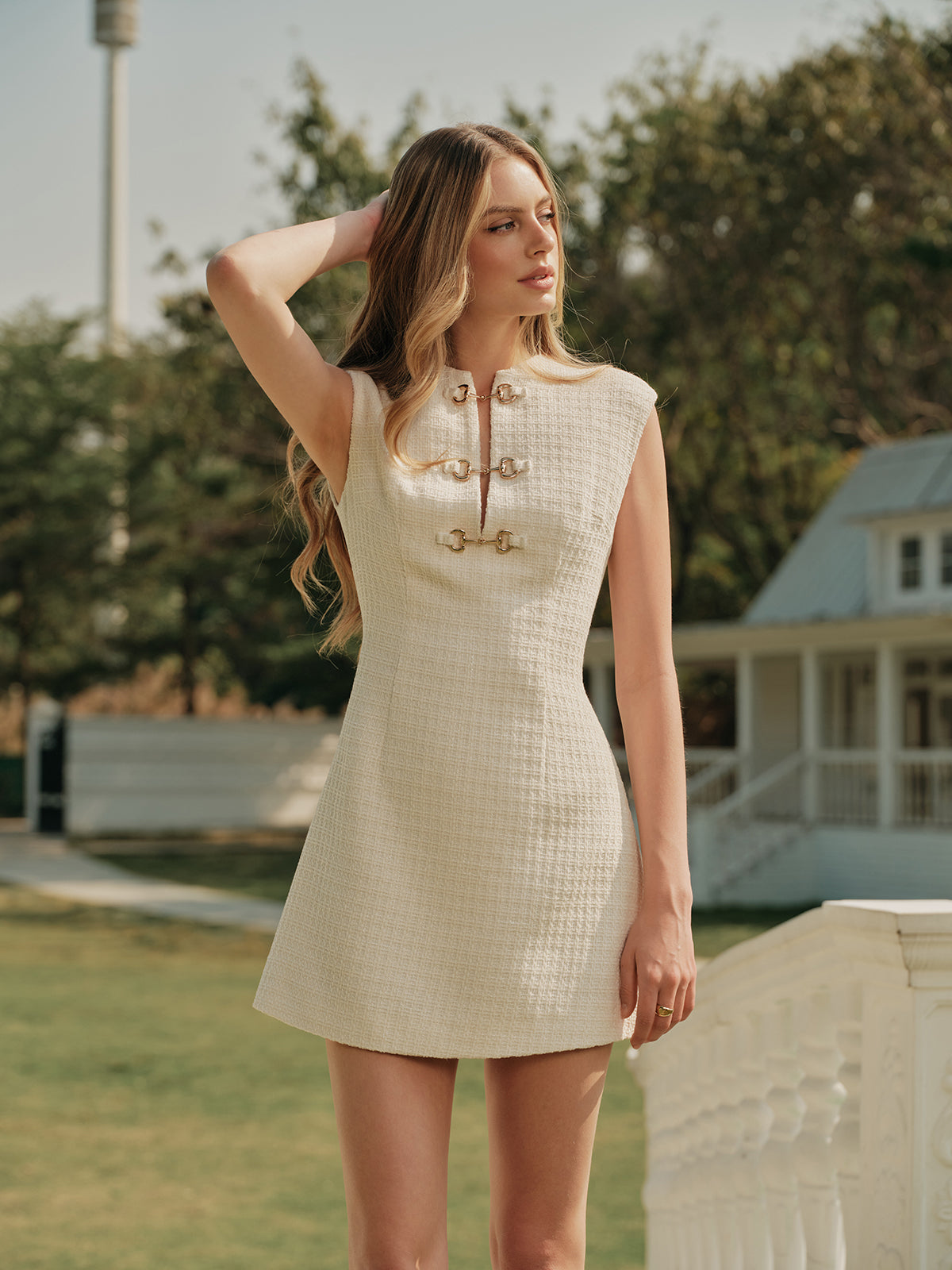 Metal Button Tweed Sleeveless Dress-Massicos
