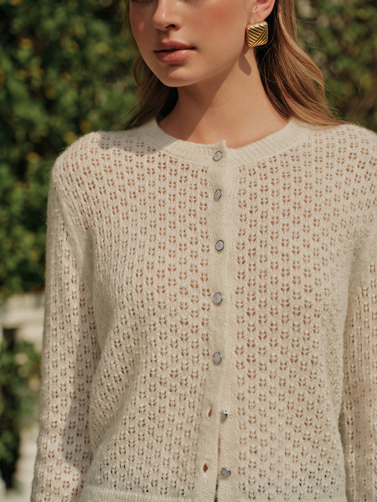 Button-Front Crochet Cardigan-Massicos