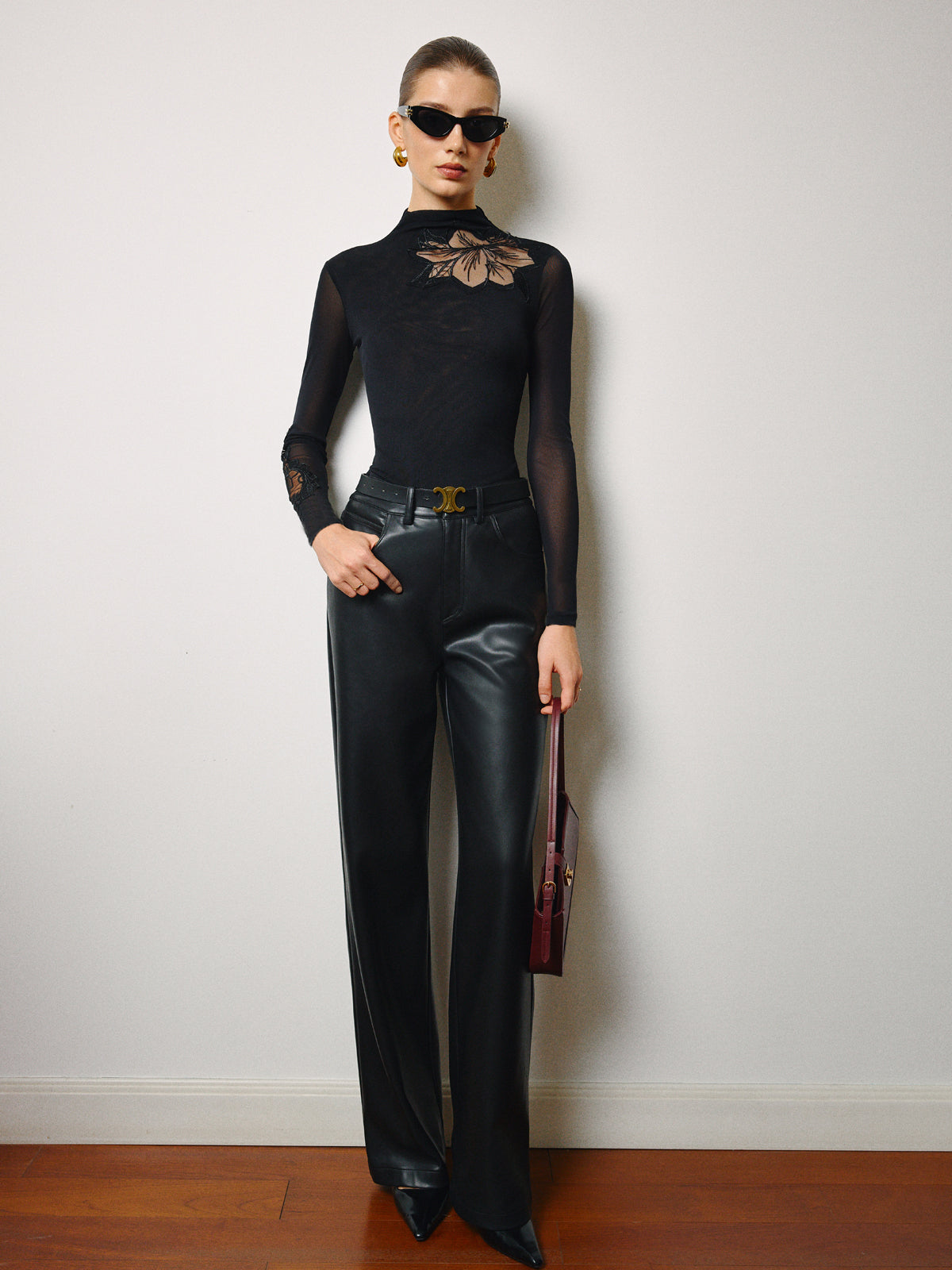 Semi-Sheer Mesh-Floral Slim Jersey Top-Massicos