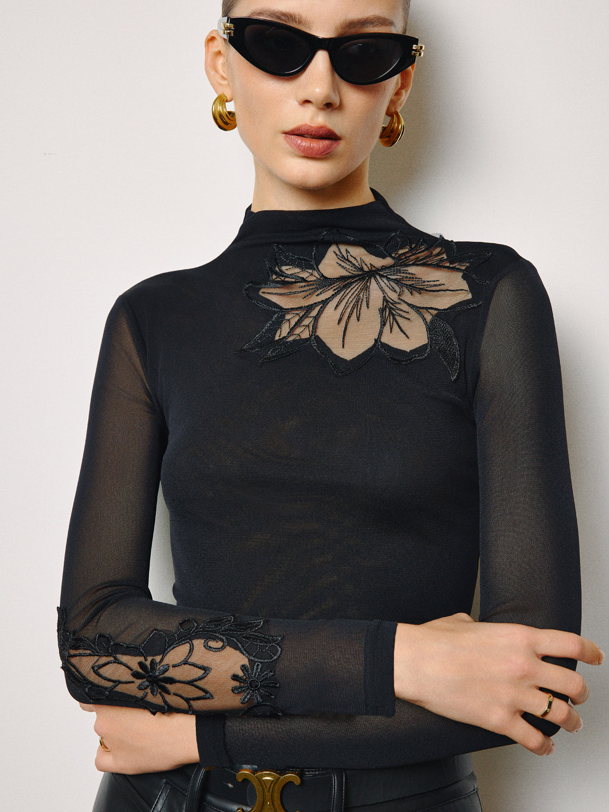 Semi-Sheer Mesh-Floral Slim Jersey Top-Massicos