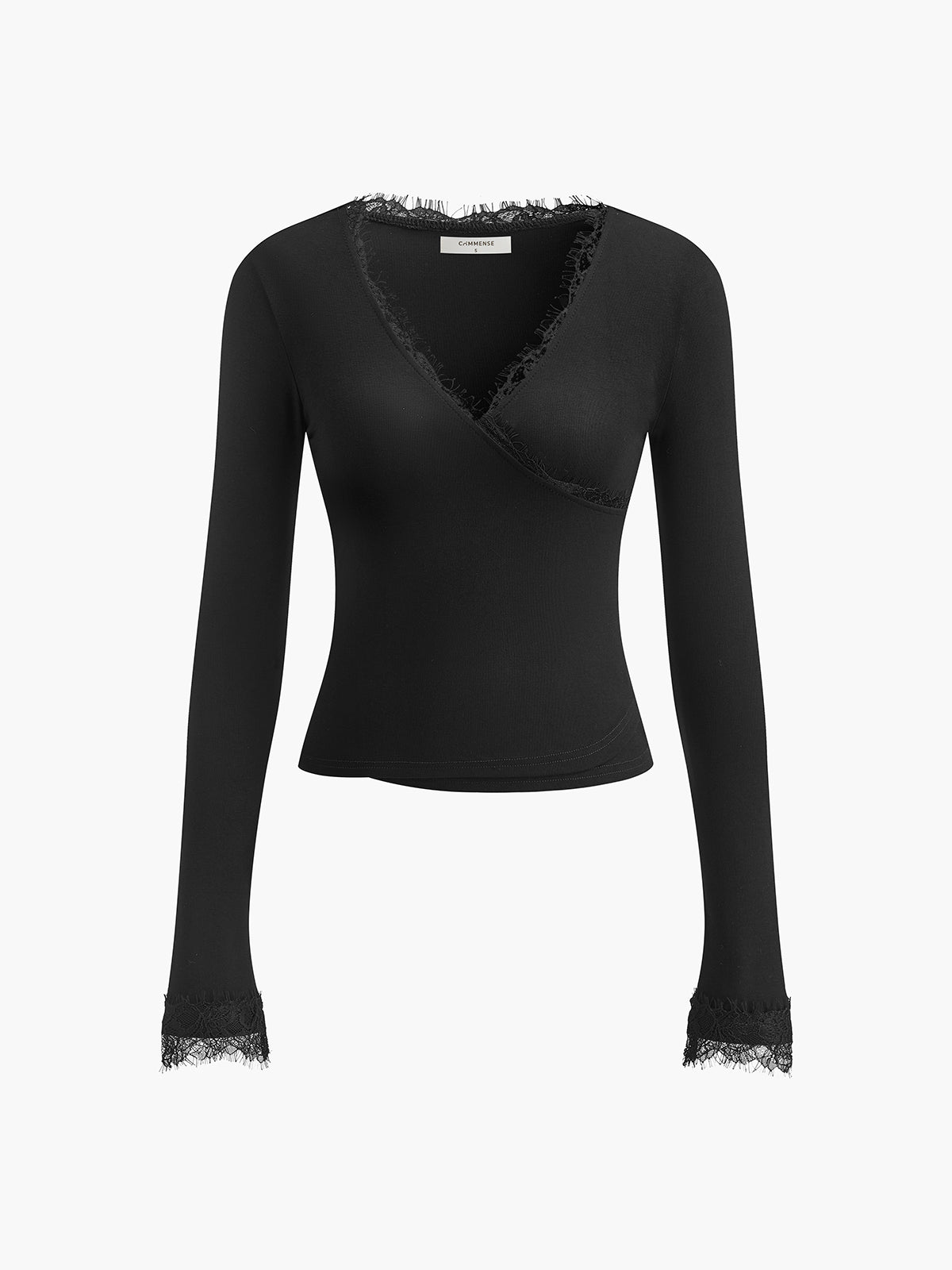 V-Neck Lace Trim Skinny T-Shirt-Massicos