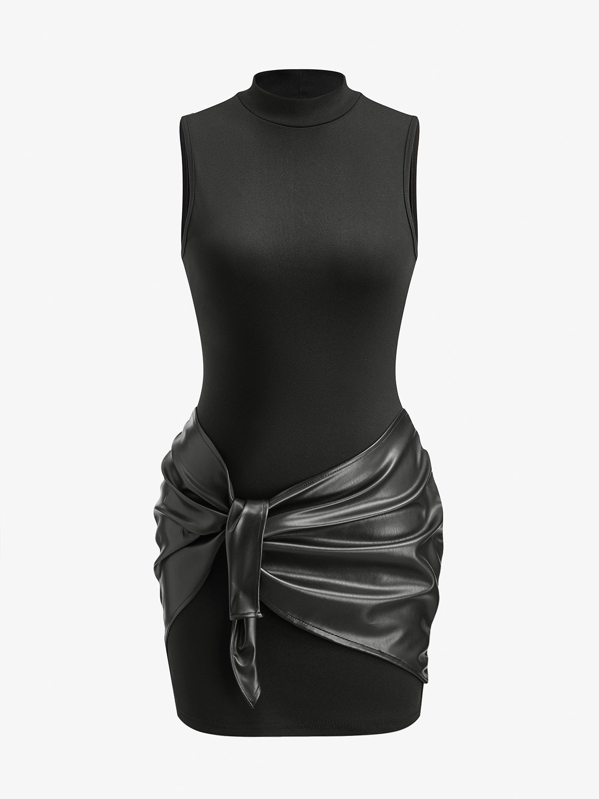 Stand Collar Faux Leather Ruched Panel Dress-Massicos