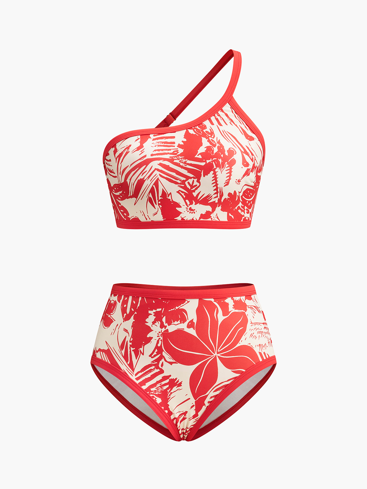 One-Shoulder Tropical Print Bikini Set-Massicos