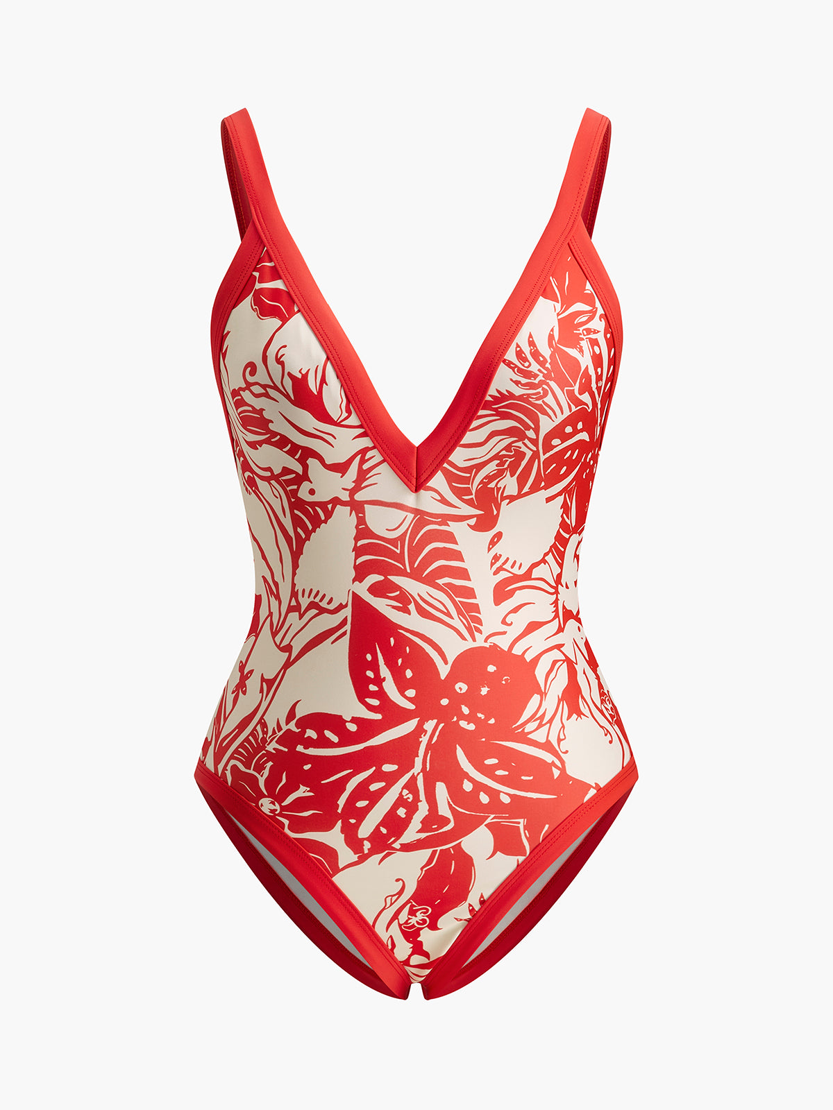 Tropical Print V-Neck One-Piece Swimsuit-Massicos