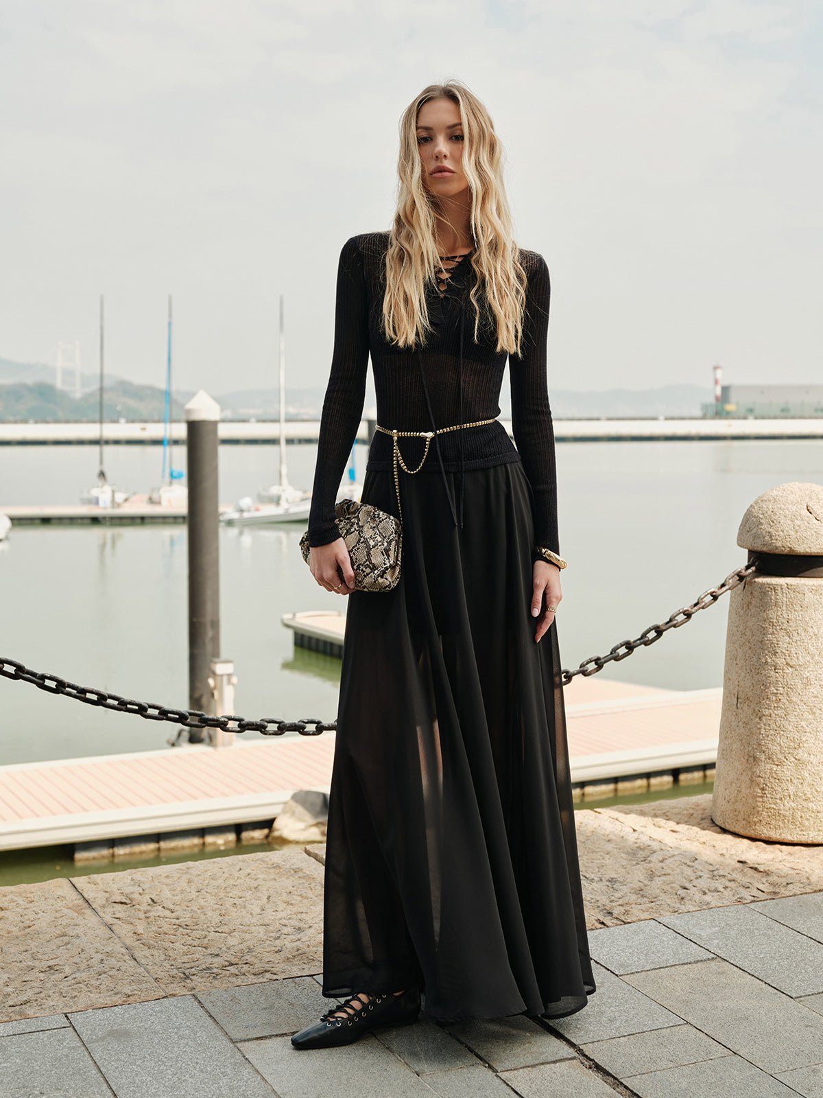 Lace-Up Front Sheer Long Sleeve Sweater-Massicos