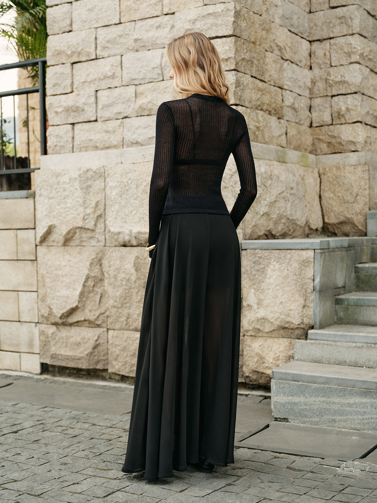 Lace-Up Front Sheer Long Sleeve Sweater-Massicos