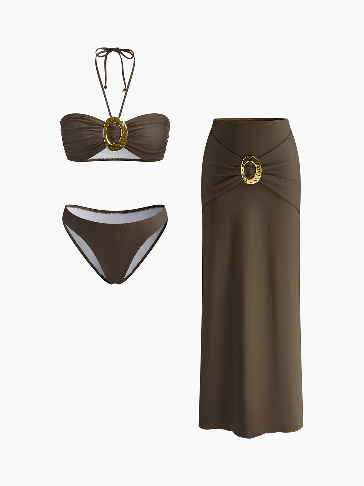 Oval Ring Detail Bandeau Bikini Set With Draped Skirt-Massicos