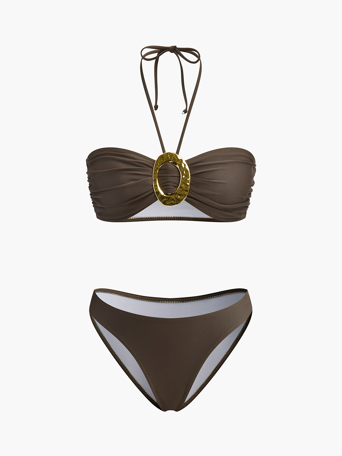 Oval Ring Detail Bandeau Bikini Set With Draped Skirt-Massicos