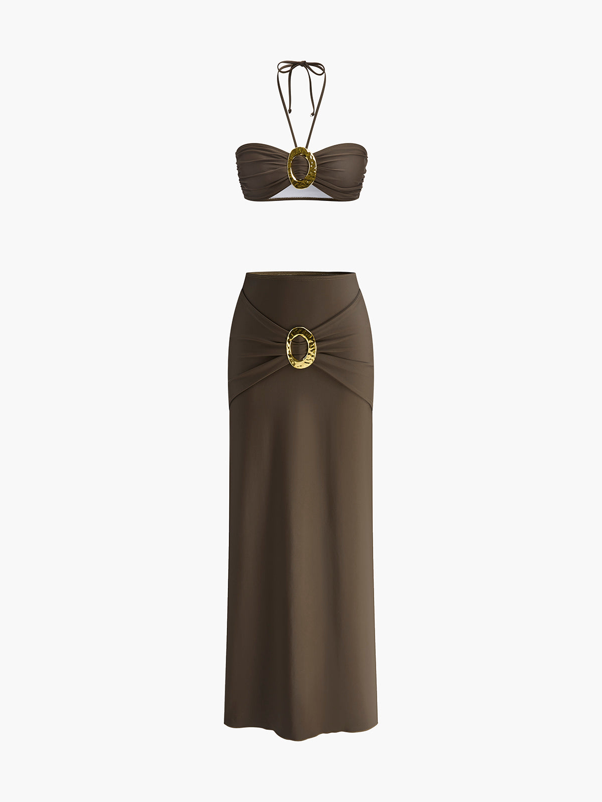 Oval Ring Detail Bandeau Bikini Set With Draped Skirt-Massicos