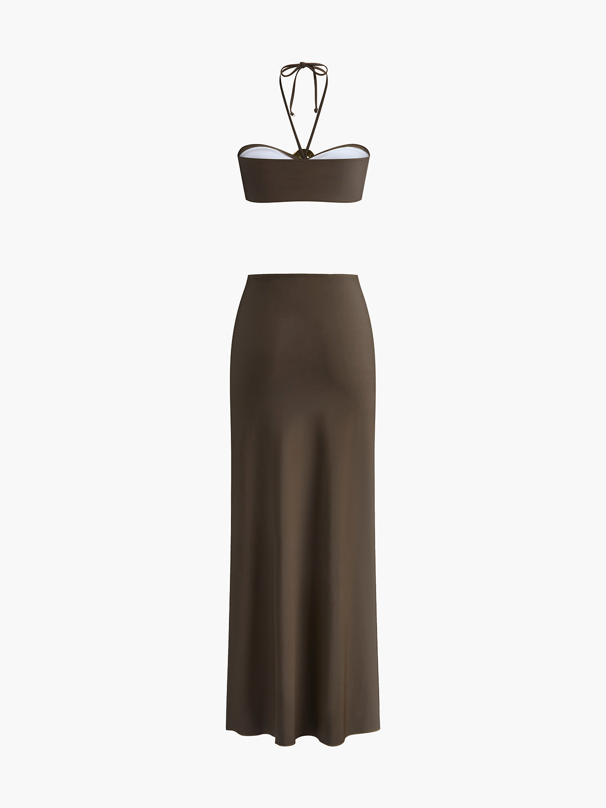 Oval Ring Detail Bandeau Bikini Set With Draped Skirt-Massicos
